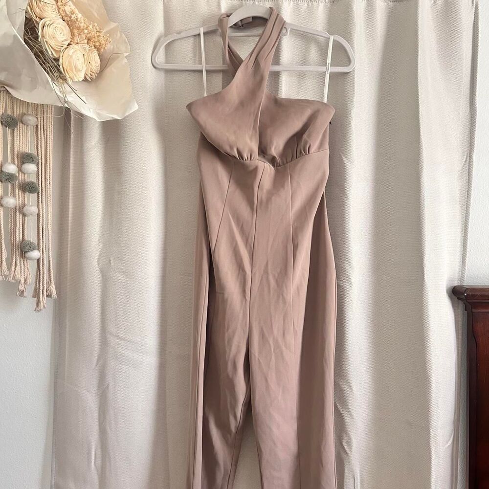 Majorelle Leticia Taupe Criss cross Halter Neck Flared Jumpsuit Minimalist